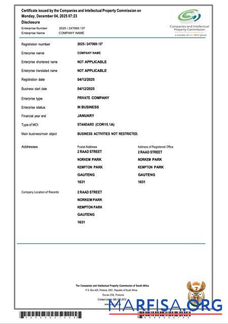 Downloadable South Africa certificate of company registration Word and PDF template, version 2